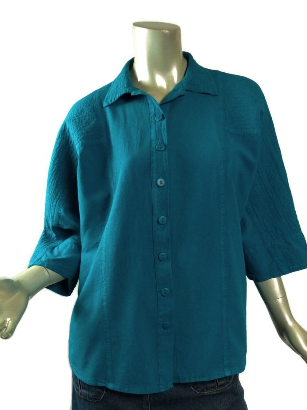 Manta (Guatemala) Sz S - M 100% Cotton Dolman Button-Up Top Teal Green Textured